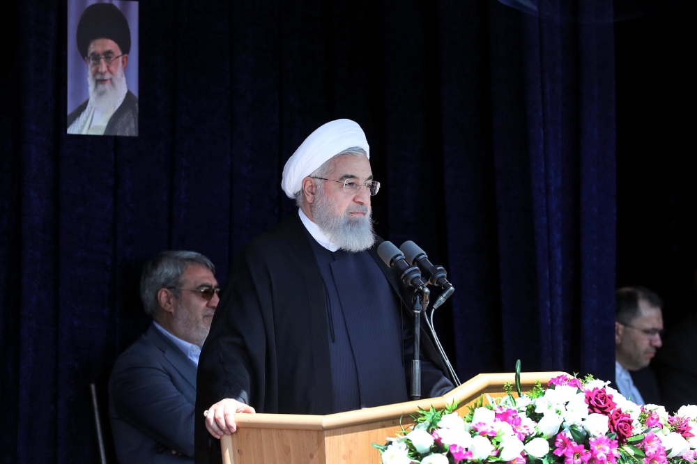 A handout picture provided by the Iranian presidency on May 6, 2018 shows President Hassan Rouhani giving a speech during a rally in the northwestern city of Sabzevar. AFP PHOTO / HO / IRANIAN PRESIDENCY