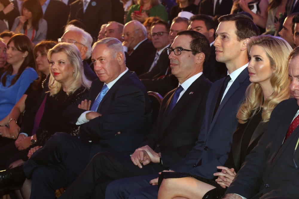 US President's daughter Ivanka Trump, her husband senior White House adviser Jared Kushner, US Treasury Secretary Steve Mnuchin, Israeli Prime Minister Benjamin Netanyahu and his wife Sarah, and Israeli Deputy Foreign Minister Tzipi Hotovely (1st-L) atten