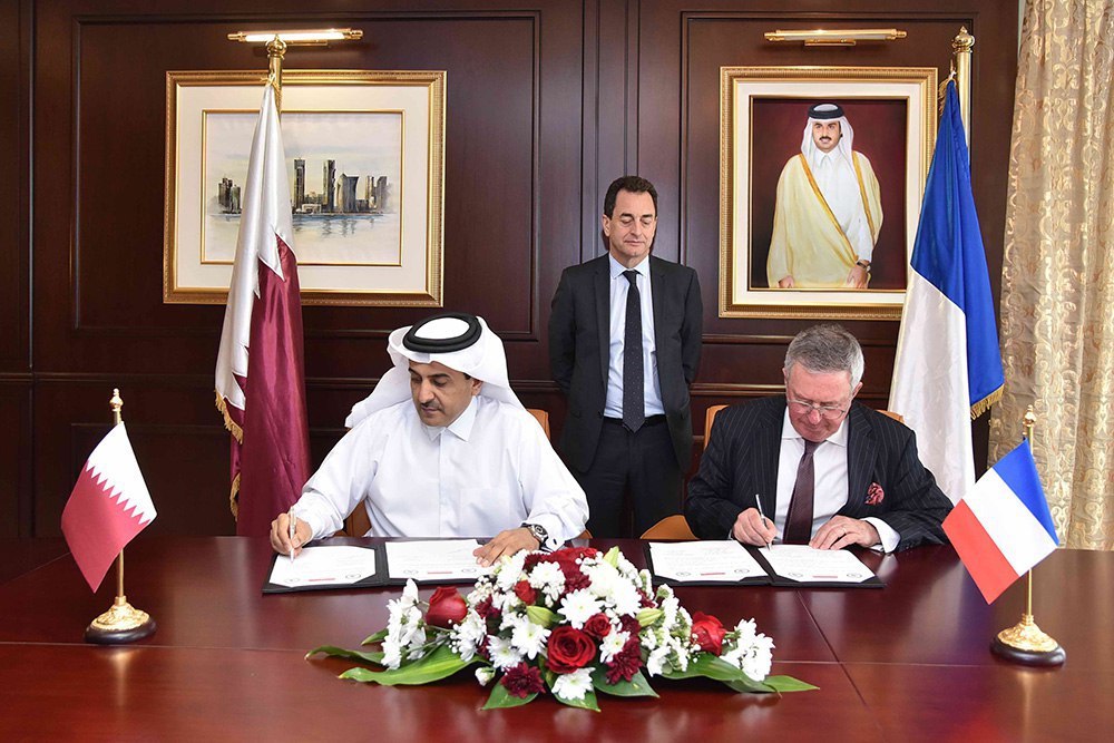 Attorney-General and ROLACC Board Chairman, H E Ali bin Fetais Al Marri, with Foundation for Strategic Research in France Deputy Director, Jean-François Daguzan, during the signing ceremony.
