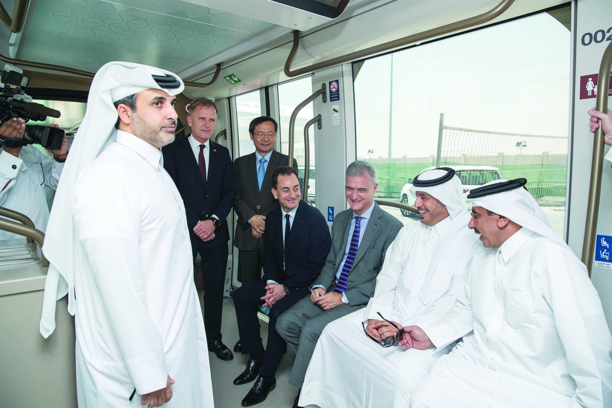 Prime Minister and Interior Minister H E Sheikh Abdullah bin Nasser bin Khalifa Al Thani with Minister of Transport and Communications H E Jassim bin Saif Al Sulaiti and other officials during the visit to the Lusail Tram projects. 