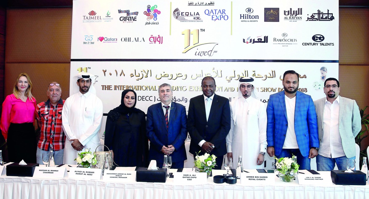 Hadi A Ali (fourth right), Qatar Expo’s Chief Executive Officer, and other officials during the press conference of 11th International Wedding Exhibition & Fashion Show – IWED, at the Hilton Hotel, yesterday.  
Pic: Qassim Rahmatullah / The Peninsula
