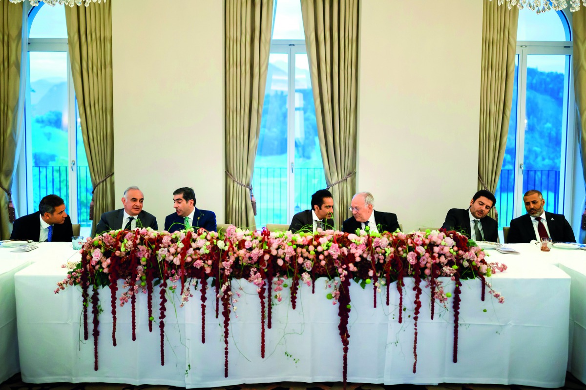 Hamad Abdulla Al Mulla (third left), Chief Executive Officer of Katara Hospitality, and Sheikh Nawaf bin Jassim bin Jabor Al Thani (centre), Chairman of Katara Hospitality, with other officials during the opening of The Bürgenstock Resort Lake Lucerne in 