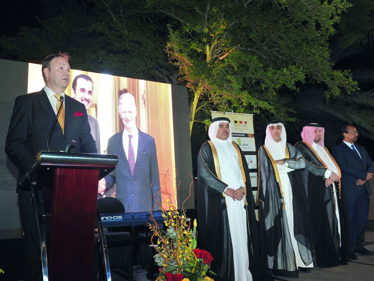 Belgium Ambassador to Qatar, Bart De Groof, delivers a speech on the occasion of King’s Day as Minister of Commerce and Industry, H E Ali bin Ahmed Al Kuwari; Undersecretary of the Ministry of Education and Higher Education, Dr Ibrahim bin Saleh bin Khali