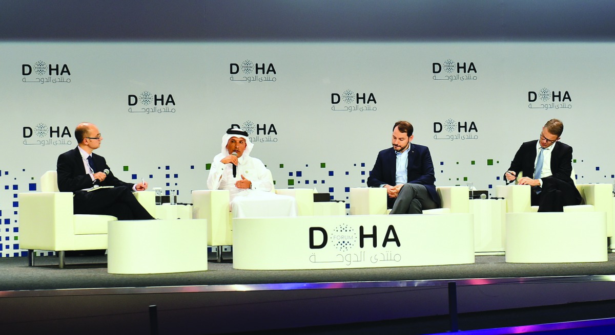 Minister of Finance, H E Ali Shareef Al Emadi (second left); Berat Albayarak (second right), Minister of Treasury and Finance, Turkey; Christian Sewing (right), CEO, Deutsche Bank; and Chris Giles, Economics Editor, Financial Times during the plenary sess