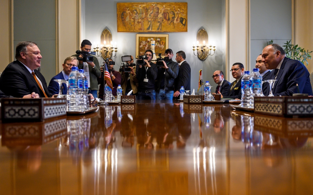 US Secretary of State Mike Pompeo meets with his Egyptian counterpart Sameh Shoukry at the ministry of foreign affairs in Cairo, Egypt, January 10, 2019. Andrew Caballero-Reynolds/pool via Reuters