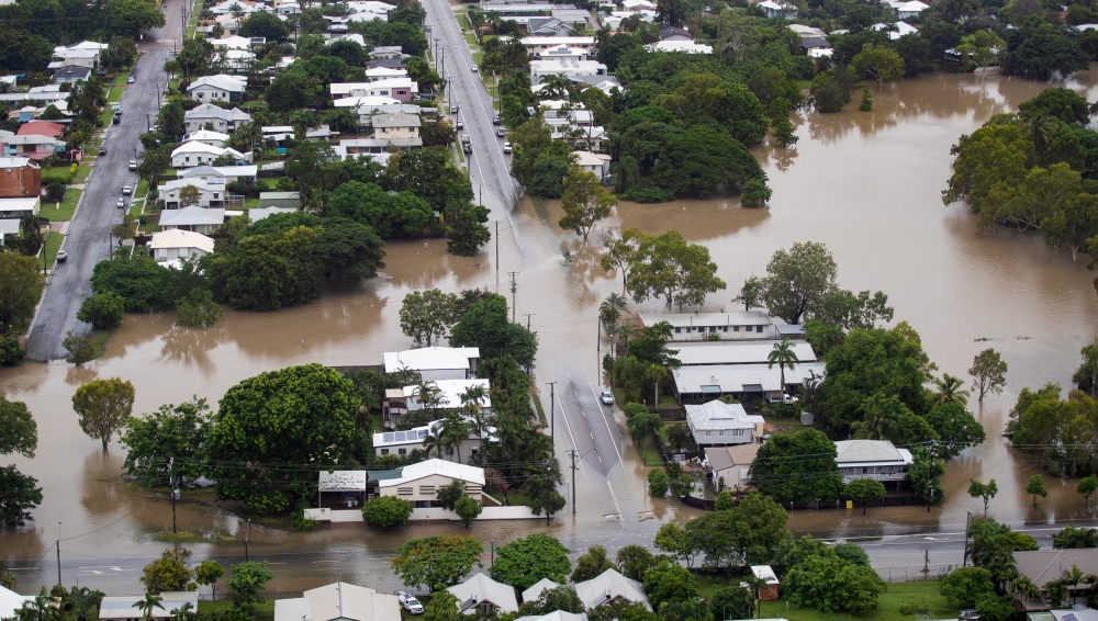 An aerial view shows flood waters in the suburb of Hyde Park, Townsville, North Queensland, Australia, February 4, 2019. AAP Image/Dave Acree/via REUTERS