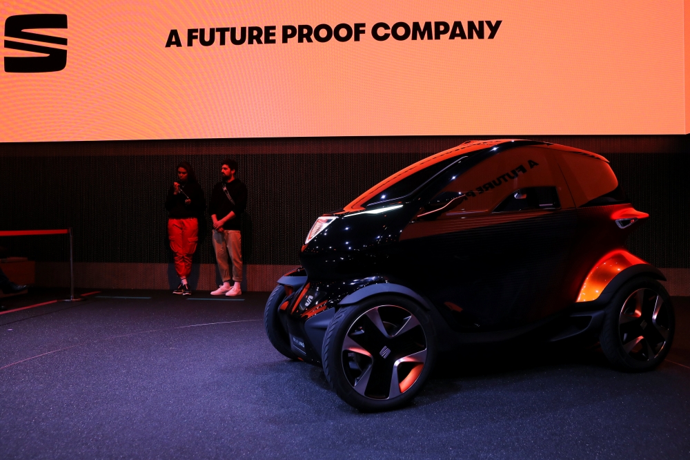 Minimo, the new all-electric a two-seater concept vehicle by the Spanish car-maker SEAT, is displayed inside company's booth after being unveiled at the Mobile World Congress in Barcelona, Spain February 25, 2019. REUTERS/Sergio Perez