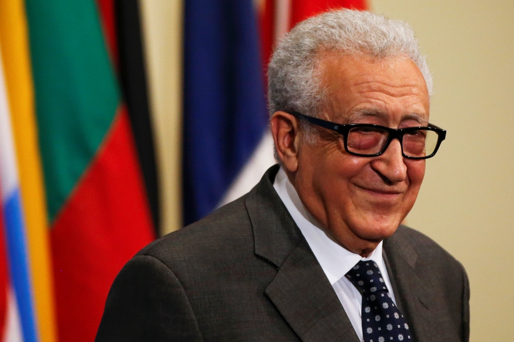 FILE PHOTO: UN-Arab League Envoy to Syria Lakhdar Brahimi speaks to the media after Security Council consultations at the United Nations headquarters in New York May 13, 2014. REUTERS/Shannon Stapleton/File Photo
