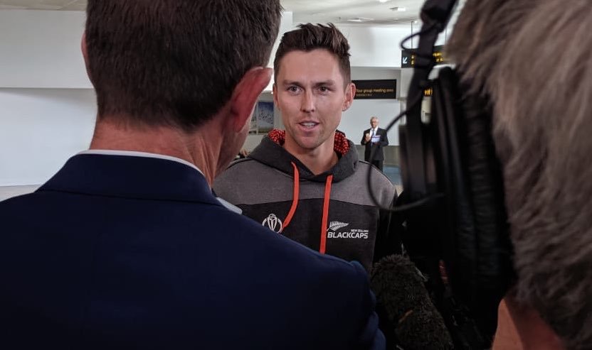 A picture posted on @BLACKCAPS shows New Zealand pacer Trent Boult speaking to media. 