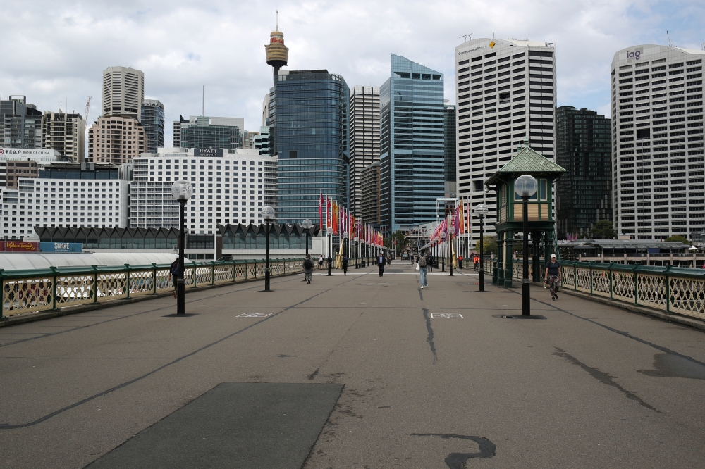 A general view of empty Pyrmont Bridge over Darling Harbour as New South Wales began shutting down non-essential businesses and moving toward harsh penalties to enforce self-isolation as the spread of coronavirus disease (COVID-19) reached a 