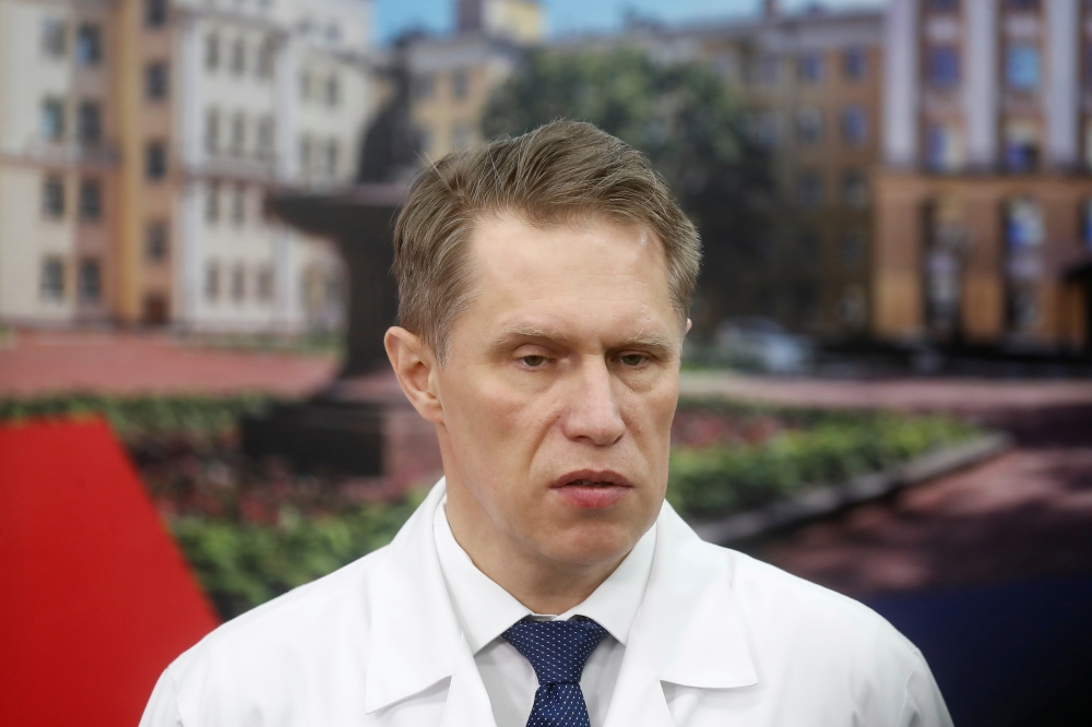FILE PHOTO: Russian Minister of Health Mikhail Murashko speaks during a demonstration prior to the opening of a new section for treatment of patients, affected by the coronavirus disease (COVID-19), at N.I. Pirogov National Medical and Surgical Centre in 