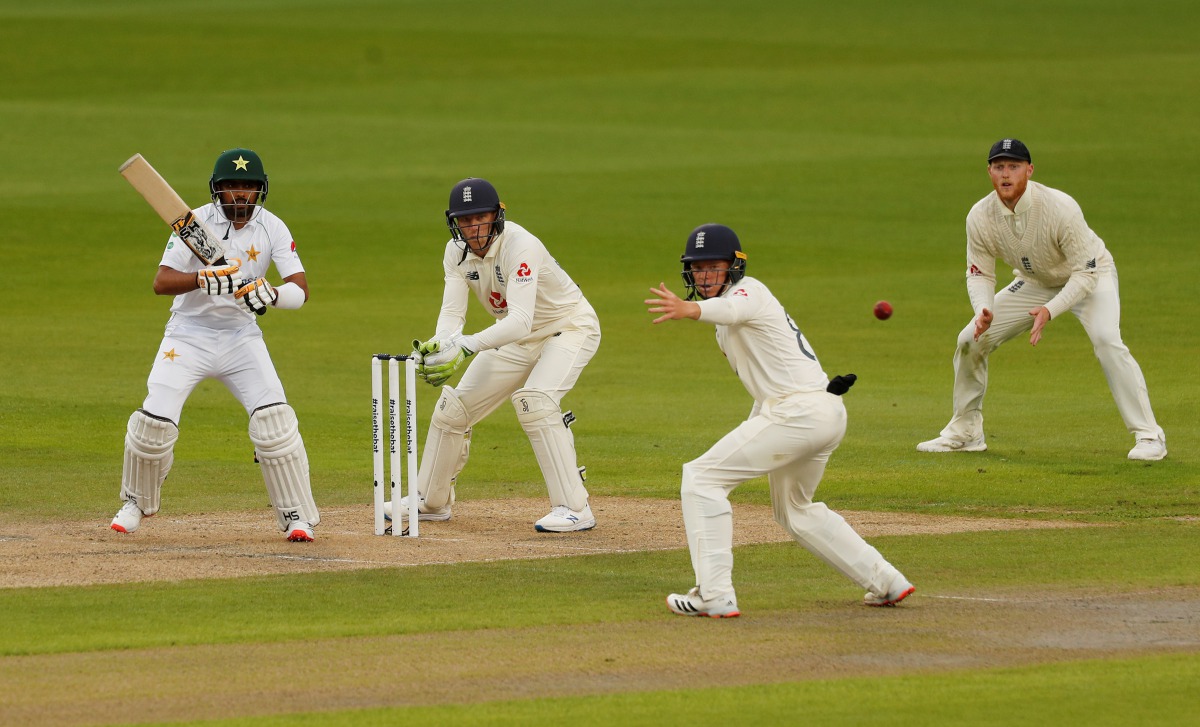 Cricket - First Test - England v Pakistan - Emirates Old Trafford, Manchester, Britain - August 5, 2020 Pakistan's Babar Azam in action, as play resumes behind closed doors following the outbreak of the coronavirus disease (COVID-19) REUTERS/Lee Smith/Poo