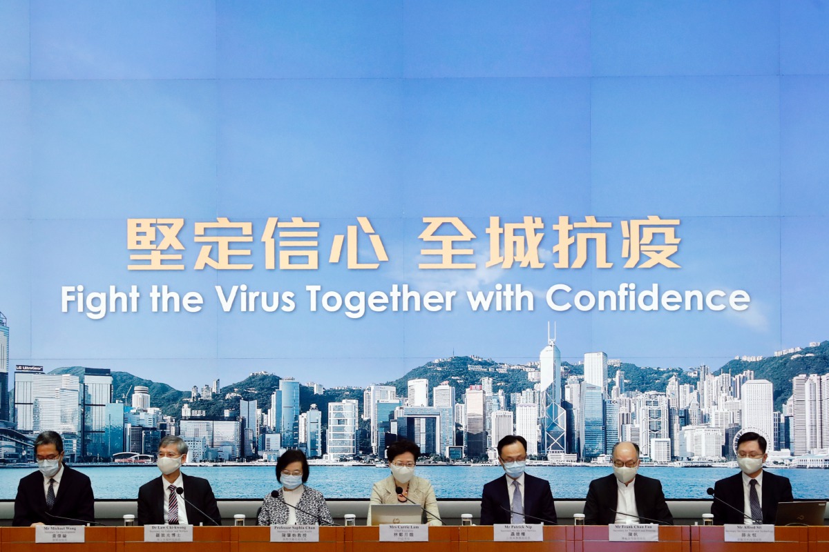 Hong Kong Chief Executive Carrie Lam, wearing a protective mask, speaks during a news conference on the global outbreak of the coronavirus disease (COVID-19), in Hong Kong, China August 21, 2020. REUTERS/Tyrone Siu

