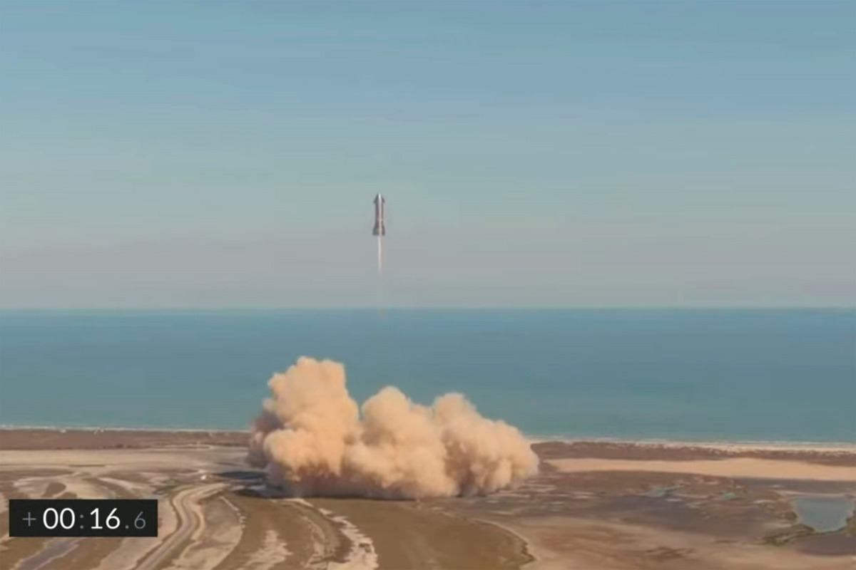 The SpaceX Starship SN9 prototype rocket lifts off for a test flight from its launch pad in a still image from video in Boca Chica, Texas, U.S. February 2, 2021. SpaceX/Social Media via REUTERS.