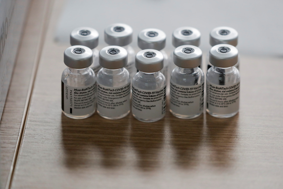 Vials of the Pfizer-BioNTech vaccine against the coronavirus disease (COVID-19) are seen during a mass vaccination rollout in Ronda, Spain February 11, 2021. REUTERS/Jon Nazca
