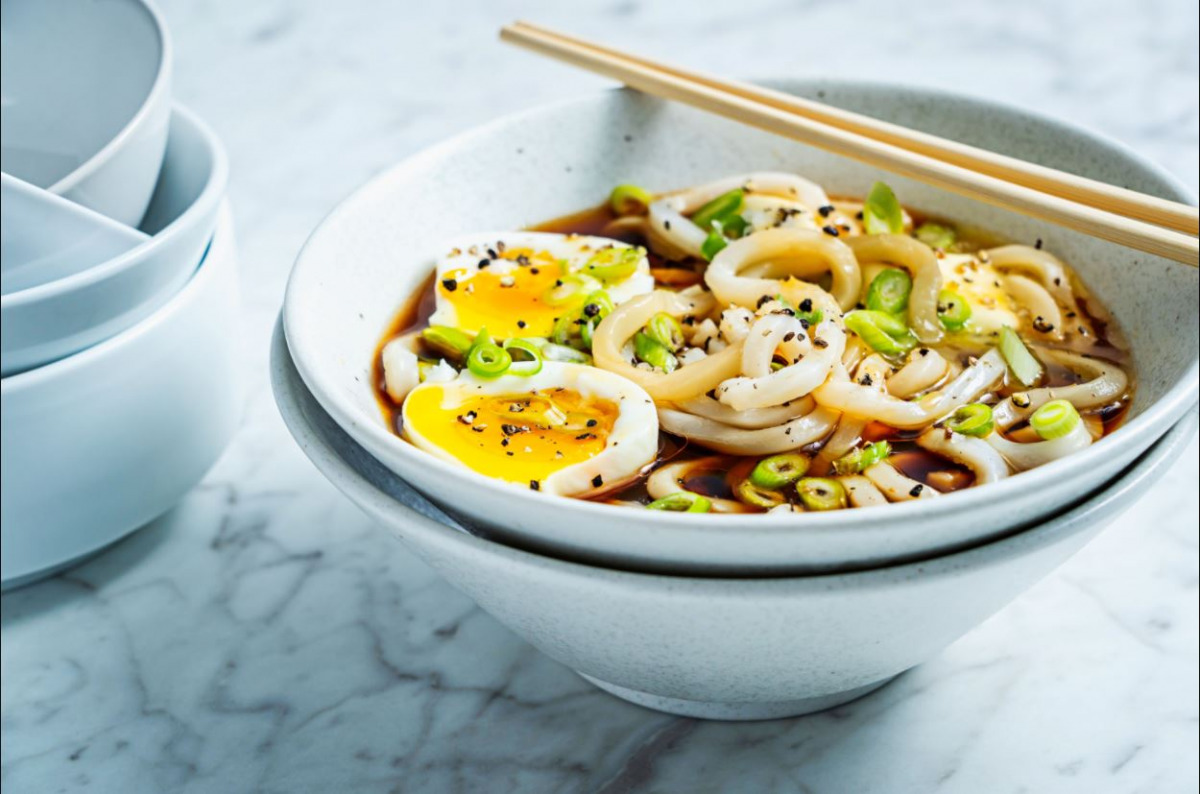 Udon Noodles With Soft-Boiled Egg, Hot Soy and Black Pepper. Photo by Scott Suchman for The Washington Post.
