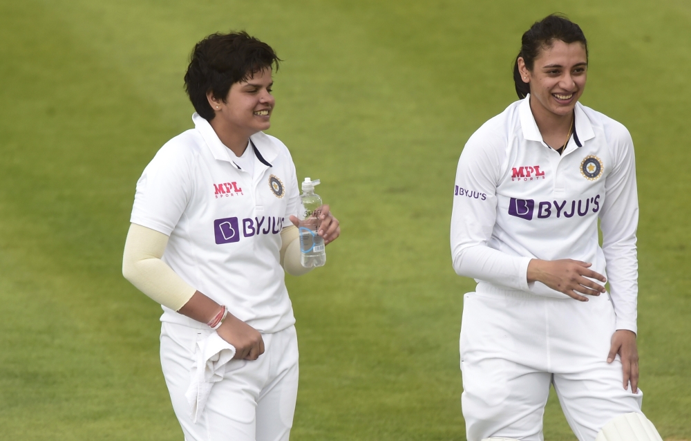 India's Smriti Mandhana and Shafali Verma during the drink's break Reuters/Rebecca Naden