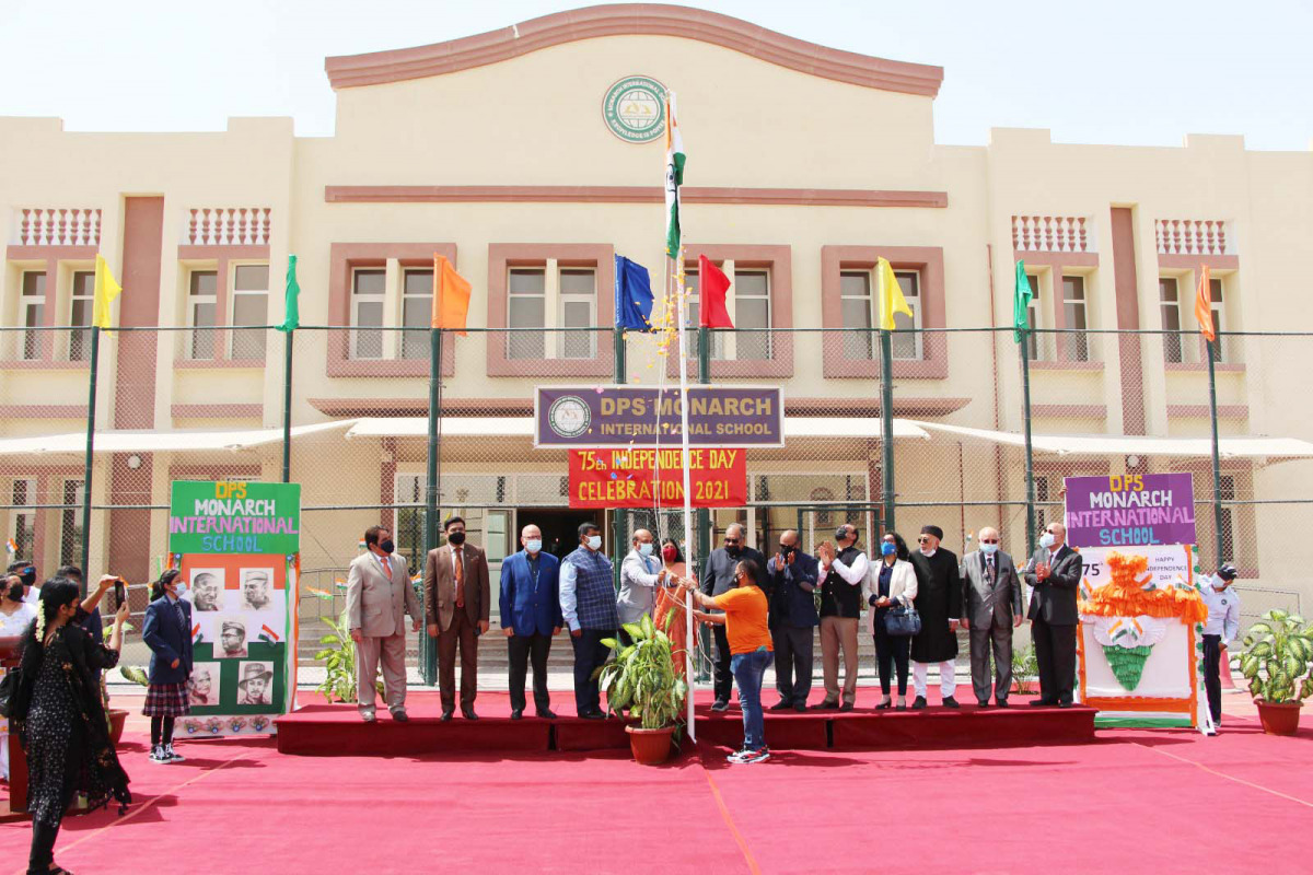 A flag-hoisting ceremony at the DPS Monarch International School to celebrate 75th Independence Day of India.