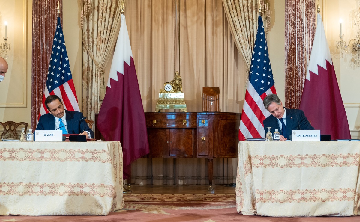 Deputy Prime Minister and Minister of Foreign Affairs H E Sheikh Mohammed bin Abdulrahman Al Thani and US Secretary of State H E Antony Blinken during a signing ceremony at the State Department in Washington, DC, on Friday. 