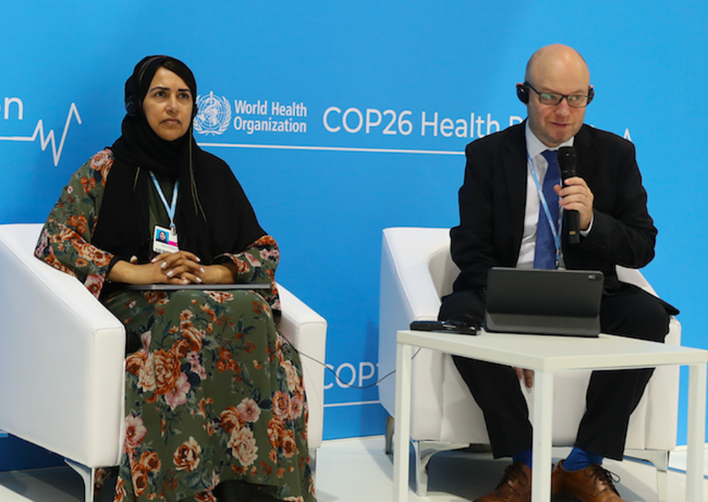 Sultana Afdhal (left), CEO WISH; and Nick Bradshaw, Director of Partnerships and Outreach, WISH, at COP26.
