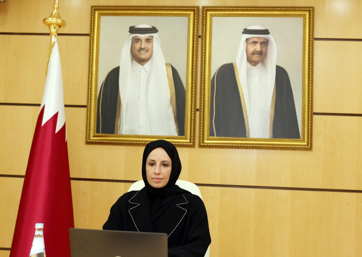Minister of Education and Higher Education H E Buthaina bint Ali Al Jabr Al Nuaimi participating in the virtual meeting.