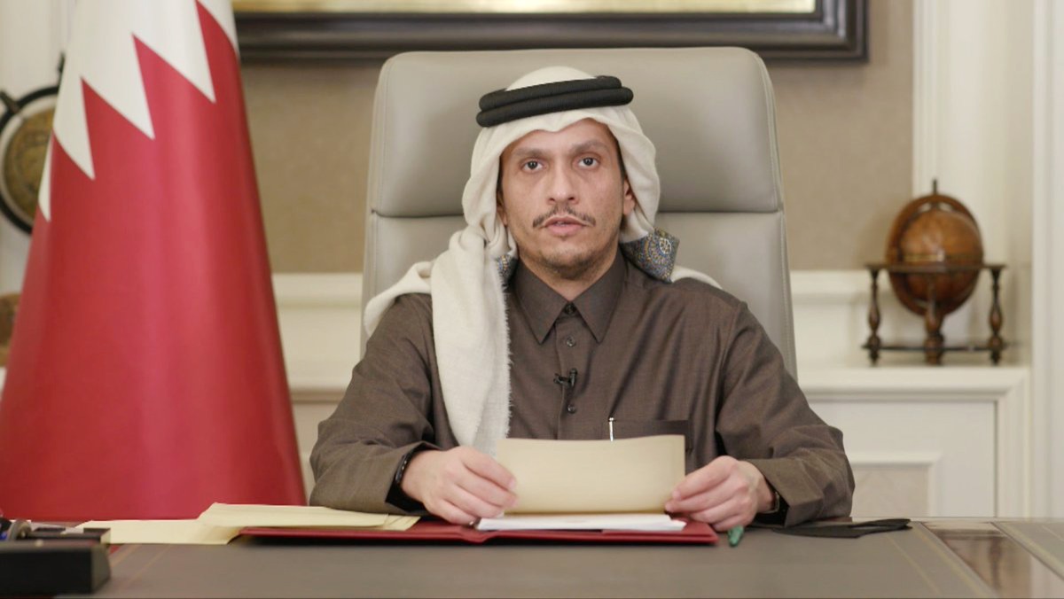 Deputy Prime Minister and Minister of Foreign Affairs H E Sheikh Mohammed bin Abdulrahman Al Thani addressing the closing session of the conference virtually, yesterday.