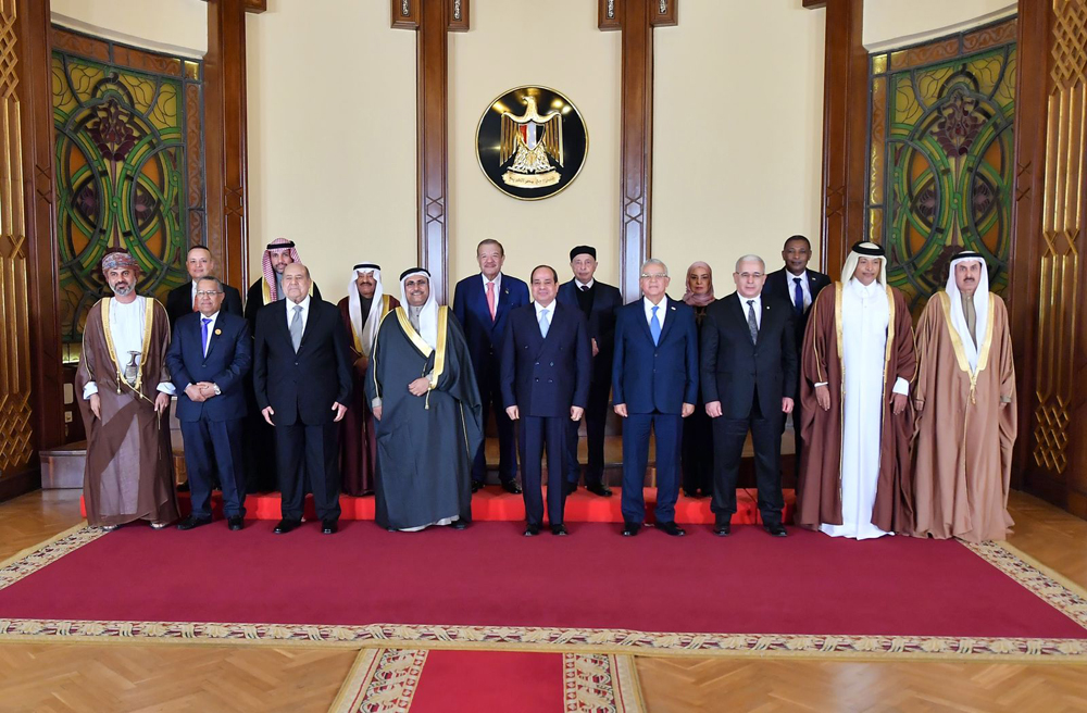 President of Egypt H E Abdel Fattah Al Sisi with Speaker of the Shura Council H E Hassan bin Abdullah Al Ghanim and heads of parliaments and councils in Cairo, yesterday. 