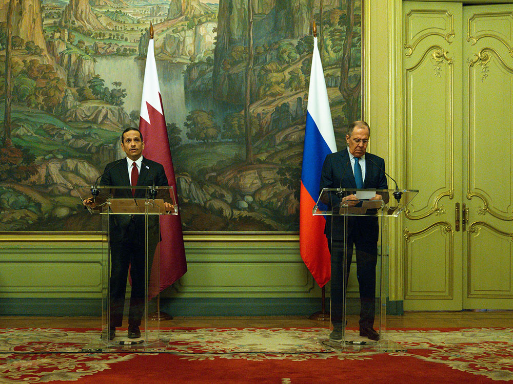 Deputy Prime Minister and Minister of Foreign Affairs H E Sheikh Mohammed bin Abdulrahman Al Thani and Russian Foreign Minister H E Sergey Lavrov during a joint press conference in Moscow, yesterday.