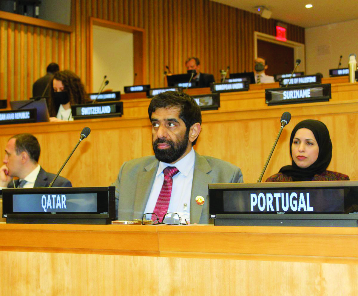 President of Planning and Statistics Authority H E Dr. Saleh bin Mohammed Al Nabit (left), along with Permanent Representative of Qatar to the UN, H E Sheikha Alya bint Ahmed Al Thani during the 55th session of the United Nations Commission on Population and Development, in New York.