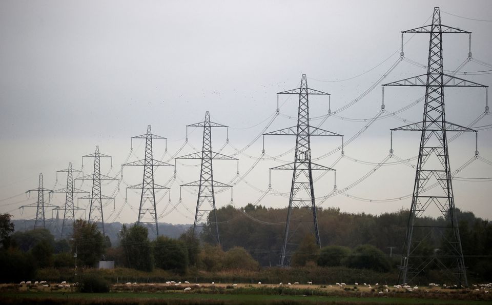 Sheep graze beneath a row of electricity pylons near Ellesmere Port, Britain, October 11, 2021. REUTERS/Phil Noble


