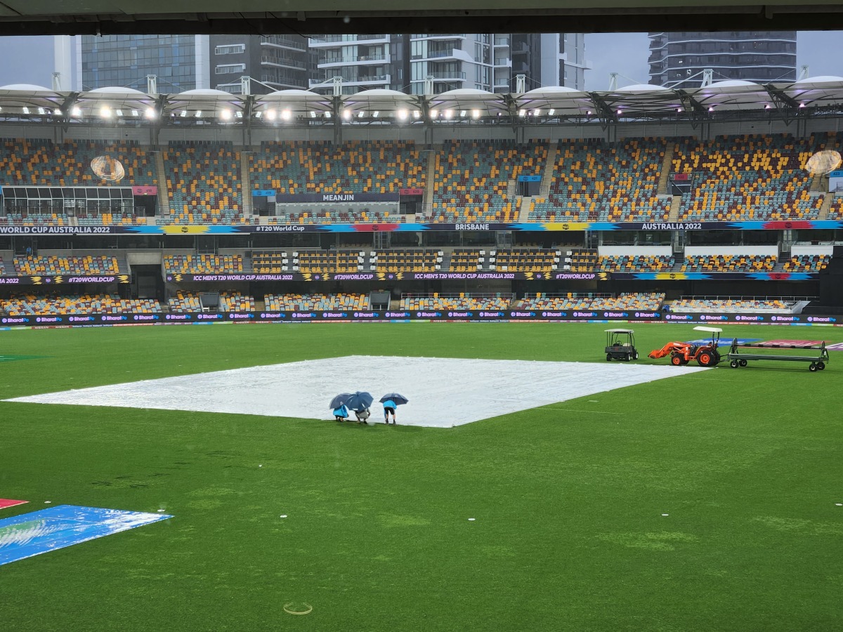 File photo of rain at The Gabba on OCtober 19, 2022. Pic: Twitter / BCCI