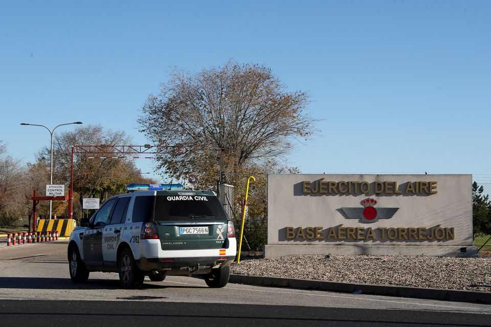 A Spanish Civil Guard vehicle enters the Torrejon de Ardoz Air Force Base after suspected explosive devices hidden in envelopes were mailed to the base, in the wake other packages sent to targets connected to Spanish support of Ukraine, amidst Russia’s invasion of Ukraine, outside Madrid, Spain, on December 1, 2022. REUTERS/Violeta Santos Moura