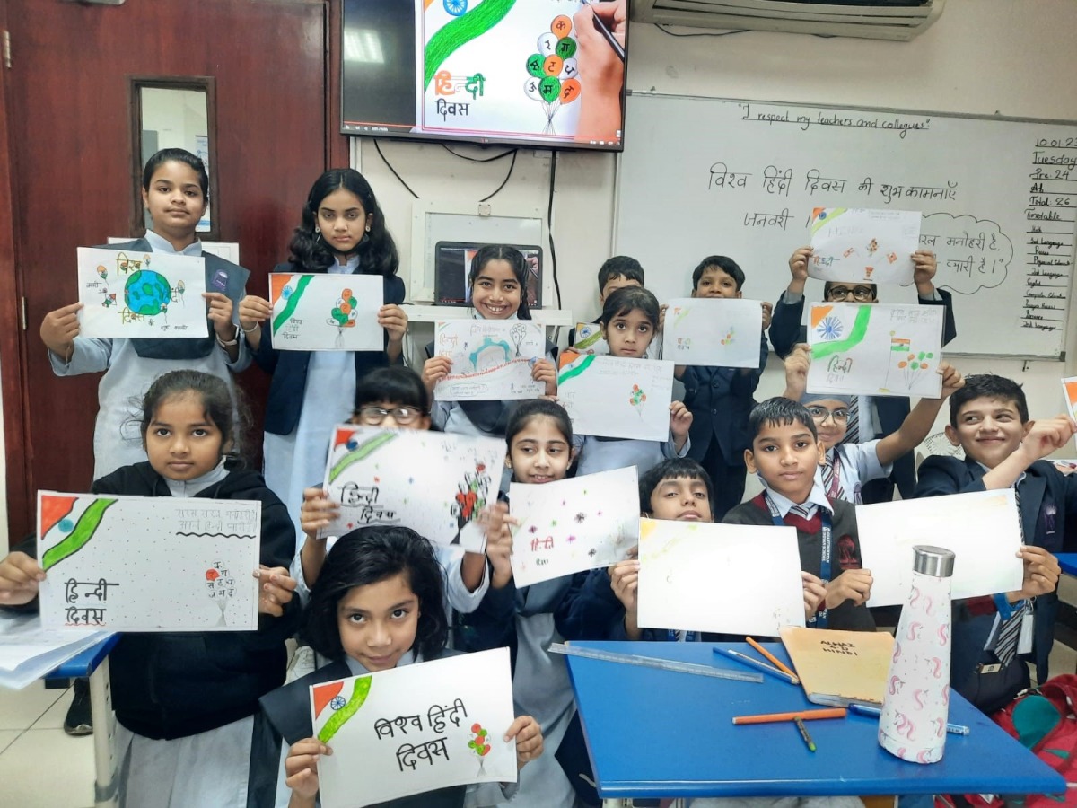 Students during an activity held at Shantiniketan Indian School to mark World Hindi Day.