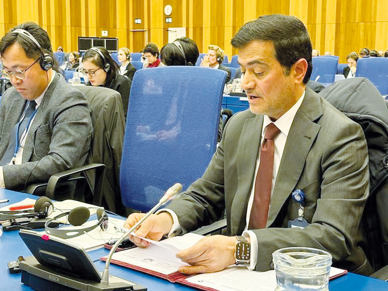 Acting Charge d’Affairs of Qatar's Permanent Mission to the United Nations and International Organizations in Vienna, Jamal bin Abdulrahman Al Jaber, delivering Qatar's statement at the 60th session of the Scientific and Technical Subcommittee of the United Nations Committee on the Peaceful Uses of Outer Space, in Vienna.