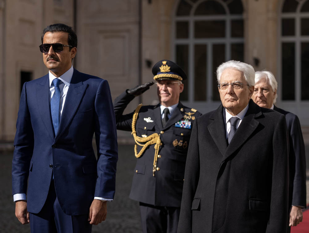 Amir H H Sheikh Tamim bin Hamad Al Thani with President of the Italian Republic H E Sergio Mattarella during an official reception ceremony at the Quirinale Palace in Rome yesterday.
