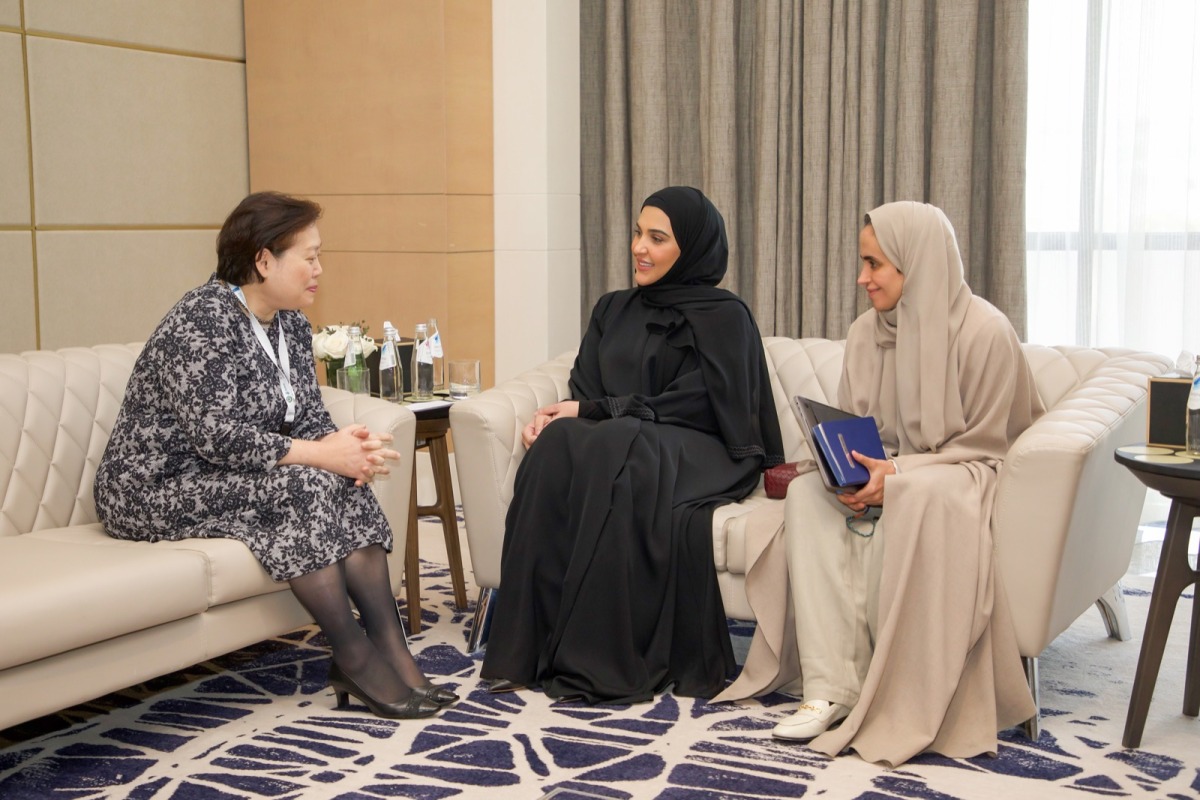 Chairperson of the National Human Rights Committee (NHRC) H E Maryam bint Abdullah Al Attiyah (centre) meeting with Chairperson of UN Committee on the Rights of the Child Mikiko Otani on the sidelines of the International Conference for Climate Change and Human Rights.