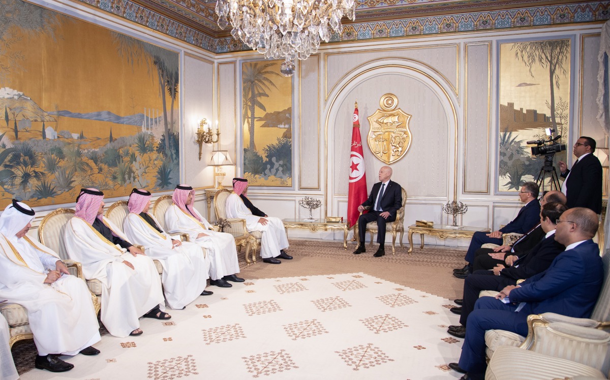 President of the Republic of Tunisia H E Kais Saied meeting with Prime Minister and Minister of Interior H E Sheikh Khalid bin Khalifa bin Abdulaziz Al Thani at the Presidential Palace of Carthage in Tunis, Tunisia.