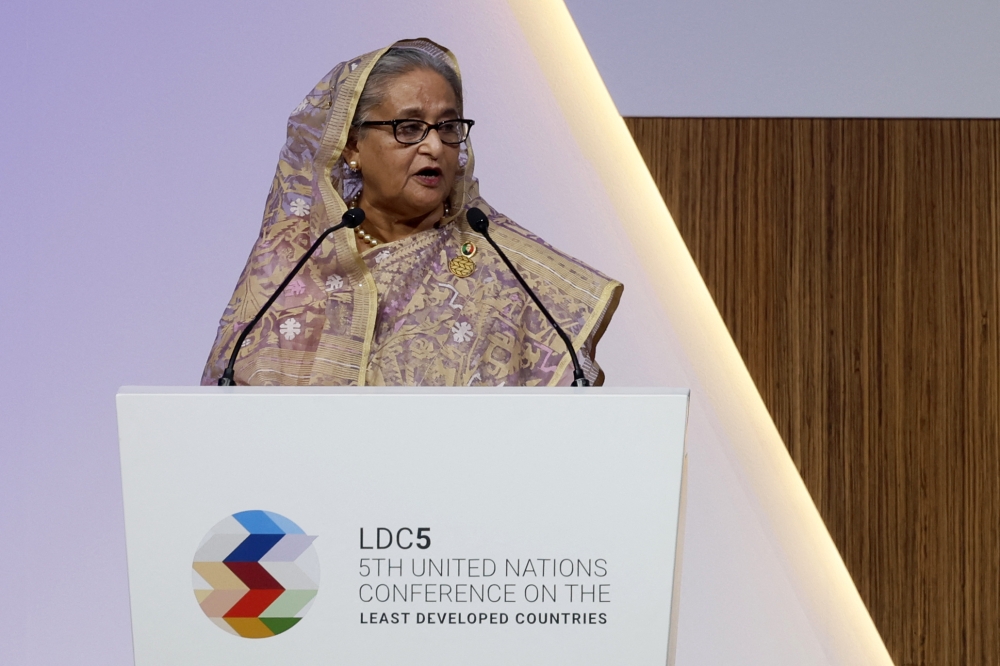 Prime Minister of Bangladesh Sheikh Hasina Wazed speaks during the 5th Conference on the Least Developed Countries (LDC5) speaks at fifth United Nations Conference on the Least Developed Countries (LDC5)in Doha, on March 5, 2023.Photo by KARIM JAAFAR / AFP