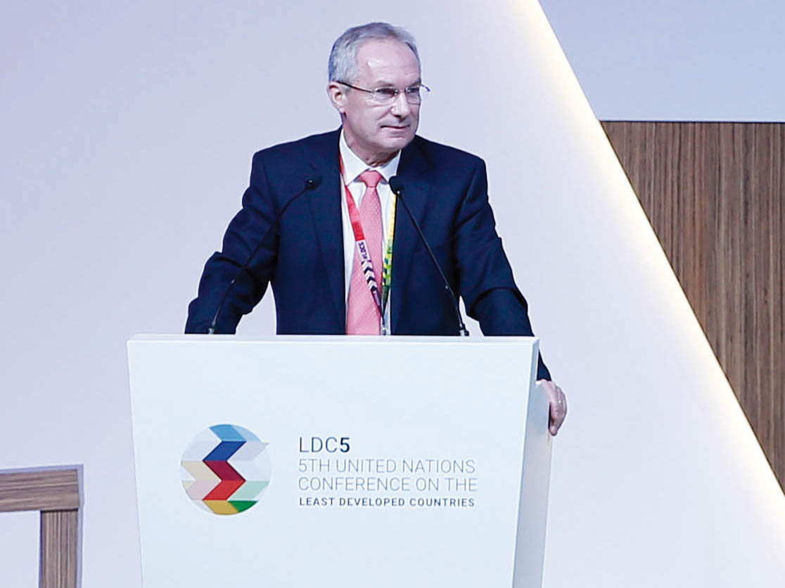 President of UN General Assembly H E Csaba Korosi addressing the 5th UN Conference on the Least Developed Countries.