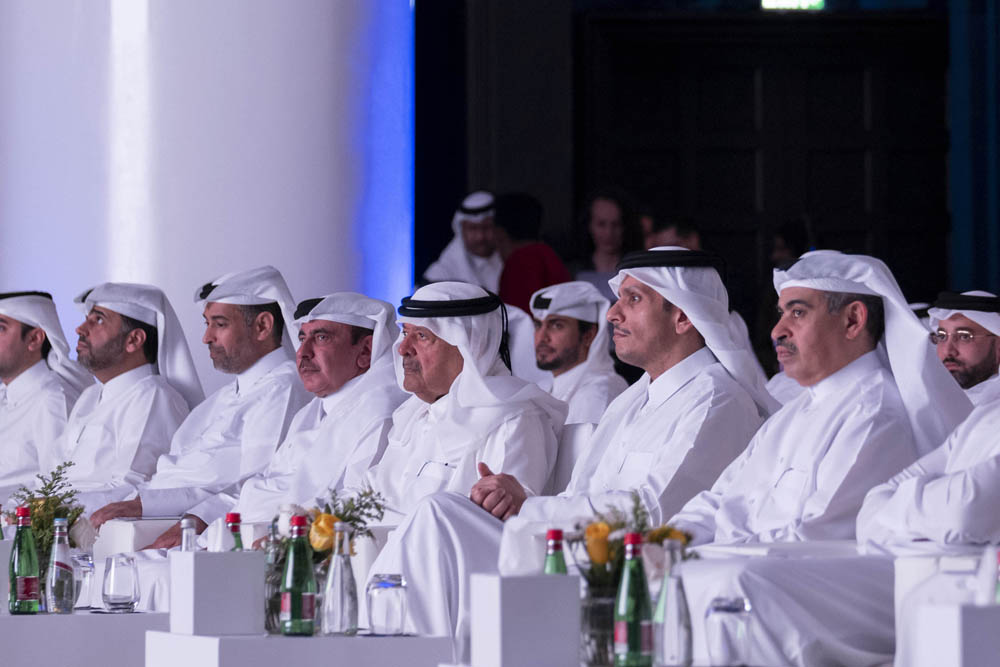 Prime Minister and Minister of Foreign Affairs H E Sheikh Mohammed bin Abdulrahman bin Jassim Al Thani with Their Excellencies the Ministers and other dignitaries during the honouring ceremony.  