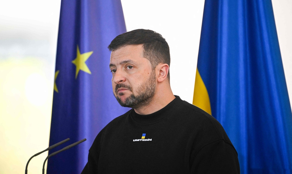 Ukraine's President Volodymyr Zelensky looks on during a joint press conference with the German Chancellor following their meeting on May 14, 2023 at the Chancellery in Berlin. Photo by Tobias SCHWARZ / AFP