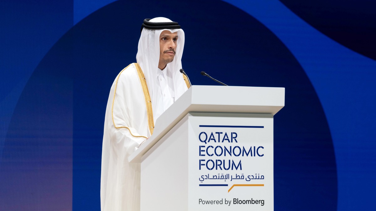 Prime Minister and Minister of Foreign Affairs H E Sheikh Mohammed bin Abdulrahman bin Jassim Al Thani addressing the gathering.
