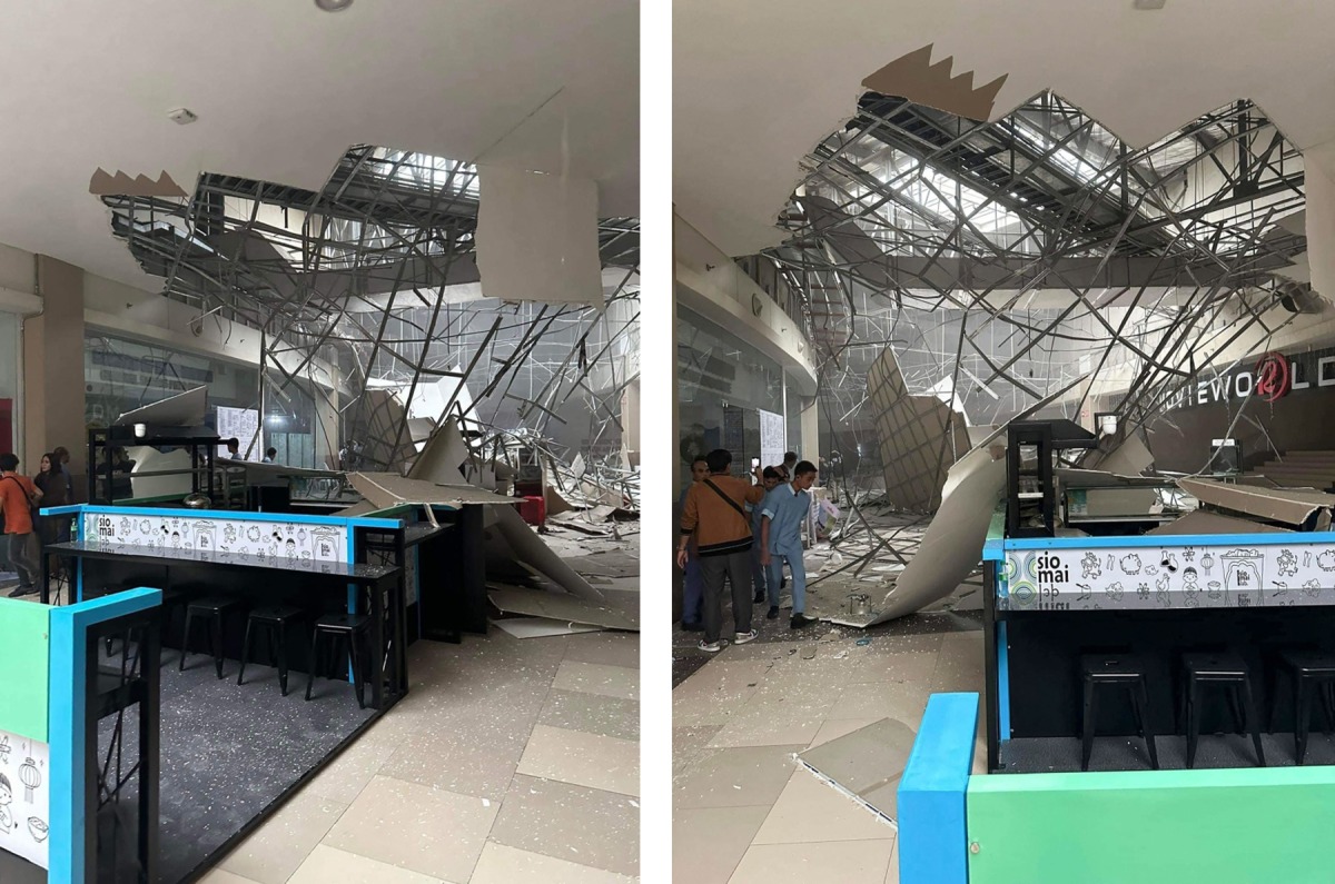 Handout photos obtained on November 17, 2023 from the Facebook page of Shaira Ann Sandigan-Rodrigo, show a damaged ceiling at a shopping mall in General Santos City in South Cotabato after a strong magnitude 6.7 earthquake shook the southern Philippines. Photo by Handout / Shaira Ann Sandigan-Rodrigo / AFP