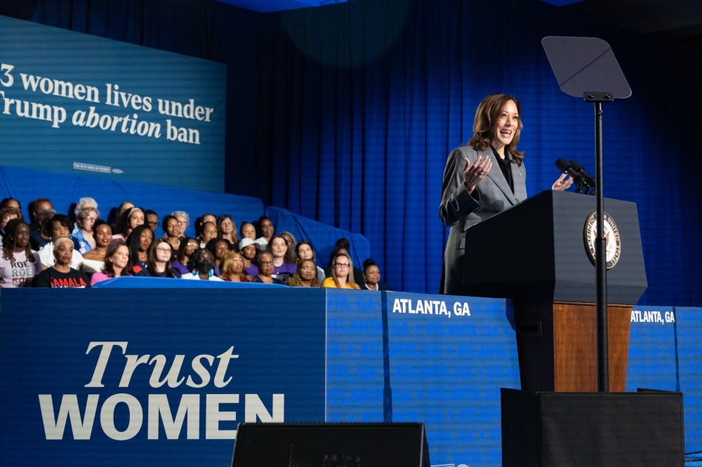 Vice President Kamala Harris speaks with supporters about local reproductive policies in Atlanta on Friday. (Megan Varner for The Washington Post)
