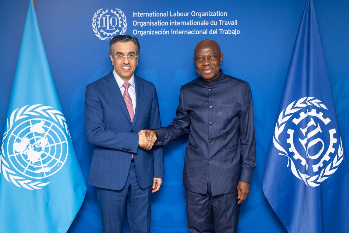 Minister of Labour H E Dr. Ali bin Smaikh Al Marri during a meeting with Director-General of the ILO H E Gilbert Houngbo.