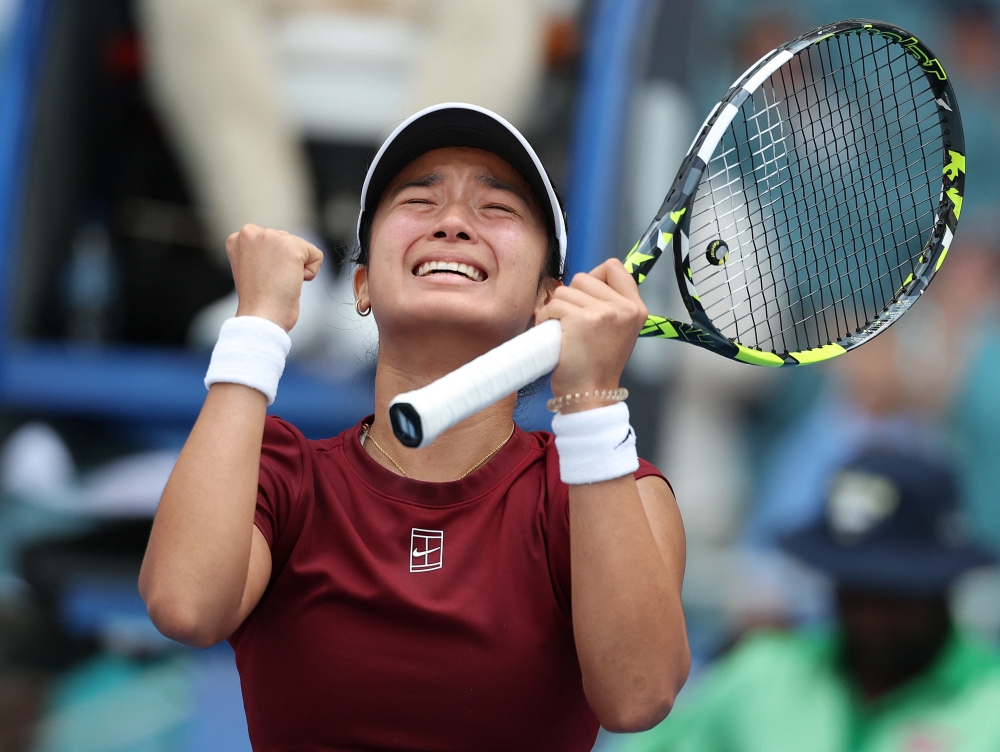 Alexandra Eala of the Philippines reacts at match point after defeating Iga Swiatek of Poland on Day 9 of the Miami Open at Hard Rock Stadium on March 26, 2025 in Miami Gardens, Florida.(Photo by  Al Bello/Getty Images via AFP)