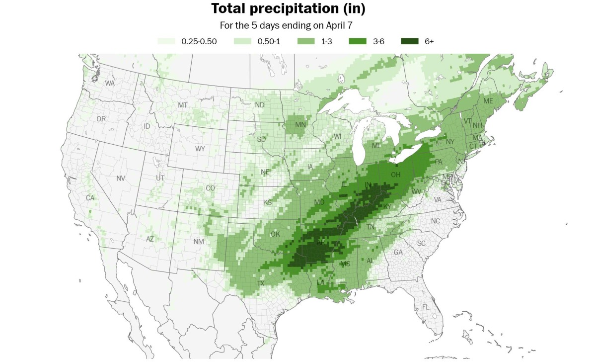 More than 6 inches of rain is expected to fall across 11 states from Wednesday to Monday. MUST CREDIT: Ben Noll/The Washington Post/Data source: ECMWF
