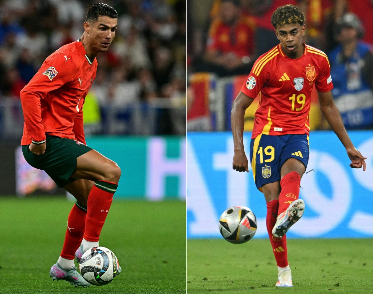 This combination of pictures created on June 06, 2025 shows Portugal's forward #07 Cristiano Ronaldo (L) controling the ball during the UEFA Nations League semi-final football match between Germany and Portugal in Munich, southern Germany on June 4, 2025 and Spain's forward #19 Lamine Yamal passing the ball during the UEFA Euro 2024 semi-final football match between Spain and France at the Munich Football Arena in Munich on July 9, 2024. (Photo by Tobias SCHWARZ and Fabrice COFFRINI / AFP)