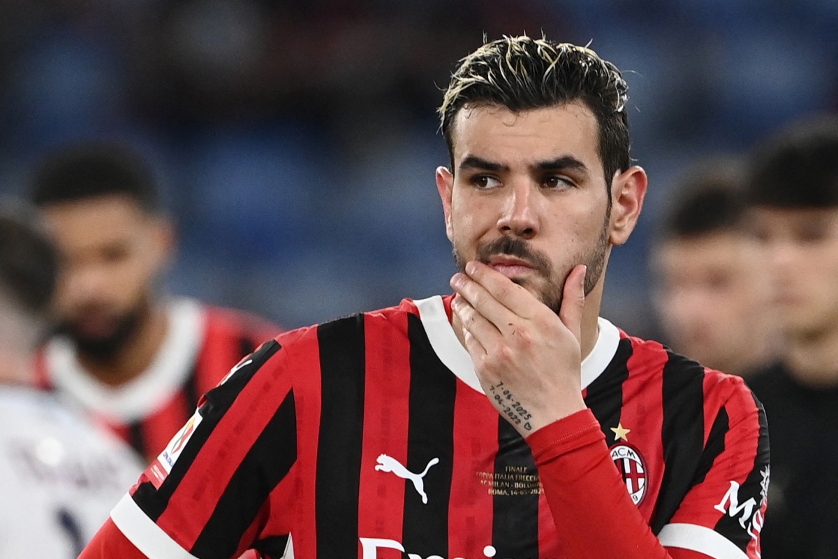 (FILES) AC Milan's French defender #19 Theo Hernandez reacts at the end of the Italian Cup (Coppa Italia) final football match between AC Milan and Bologna at the Olympic stadium in Rome, on May 14, 2025. (Photo by Isabella BONOTTO / AFP)
