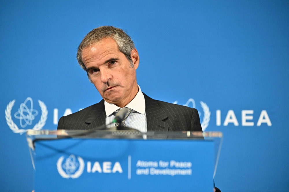 Director General of the International Atomic Energy Agency (IAEA) Rafael Grossi addresses journalists after the Board of Governors meeting of the International Atomic Energy Agency (IAEA) at its headquarters in Vienna, Austria on September 8, 2025. (Photo by Joe Klamar / AFP)